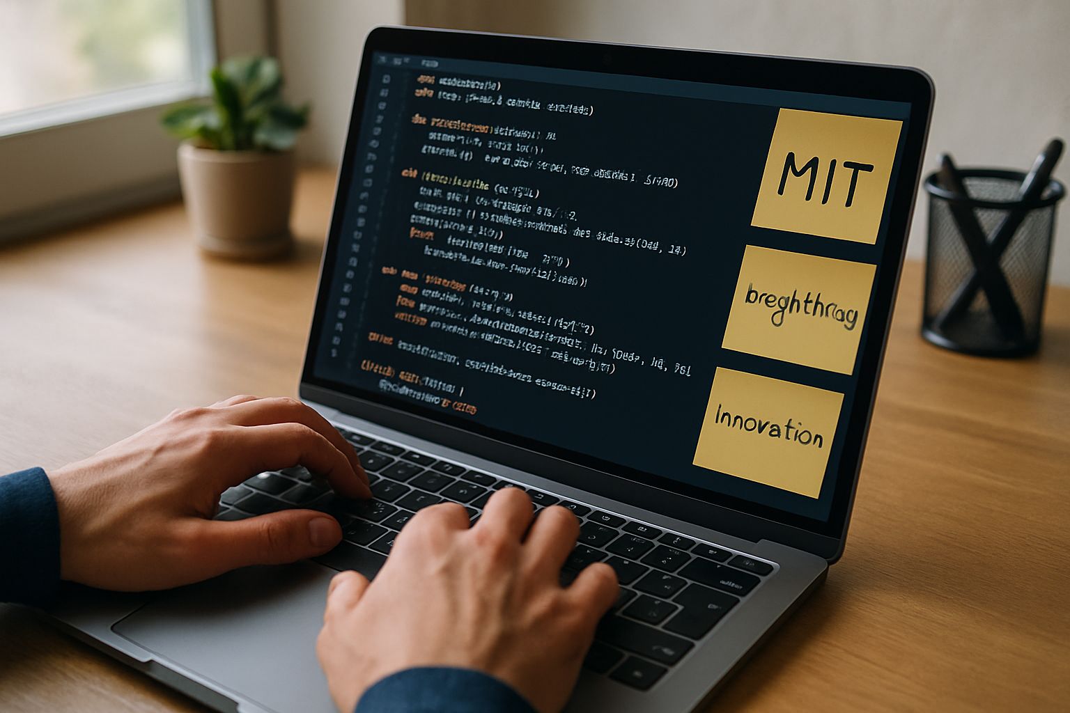 Developer writes Generative Coding solutions on laptop with MIT breakthroughs highlighted.
