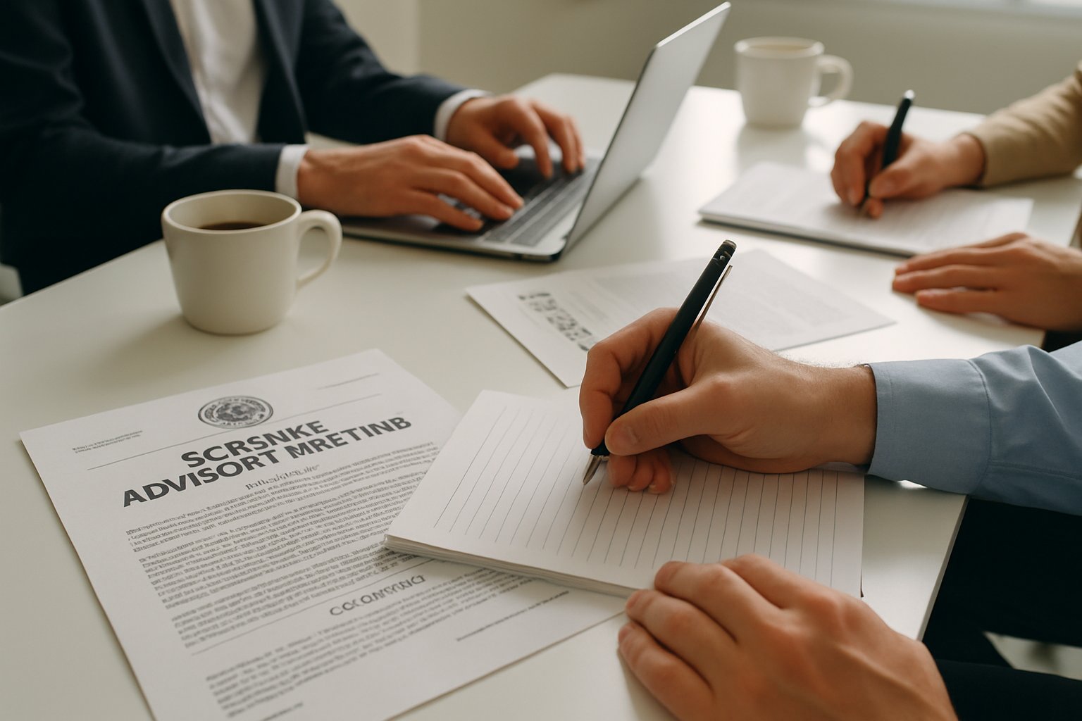 Science Advisory team taking notes and collaborating at a meeting table.