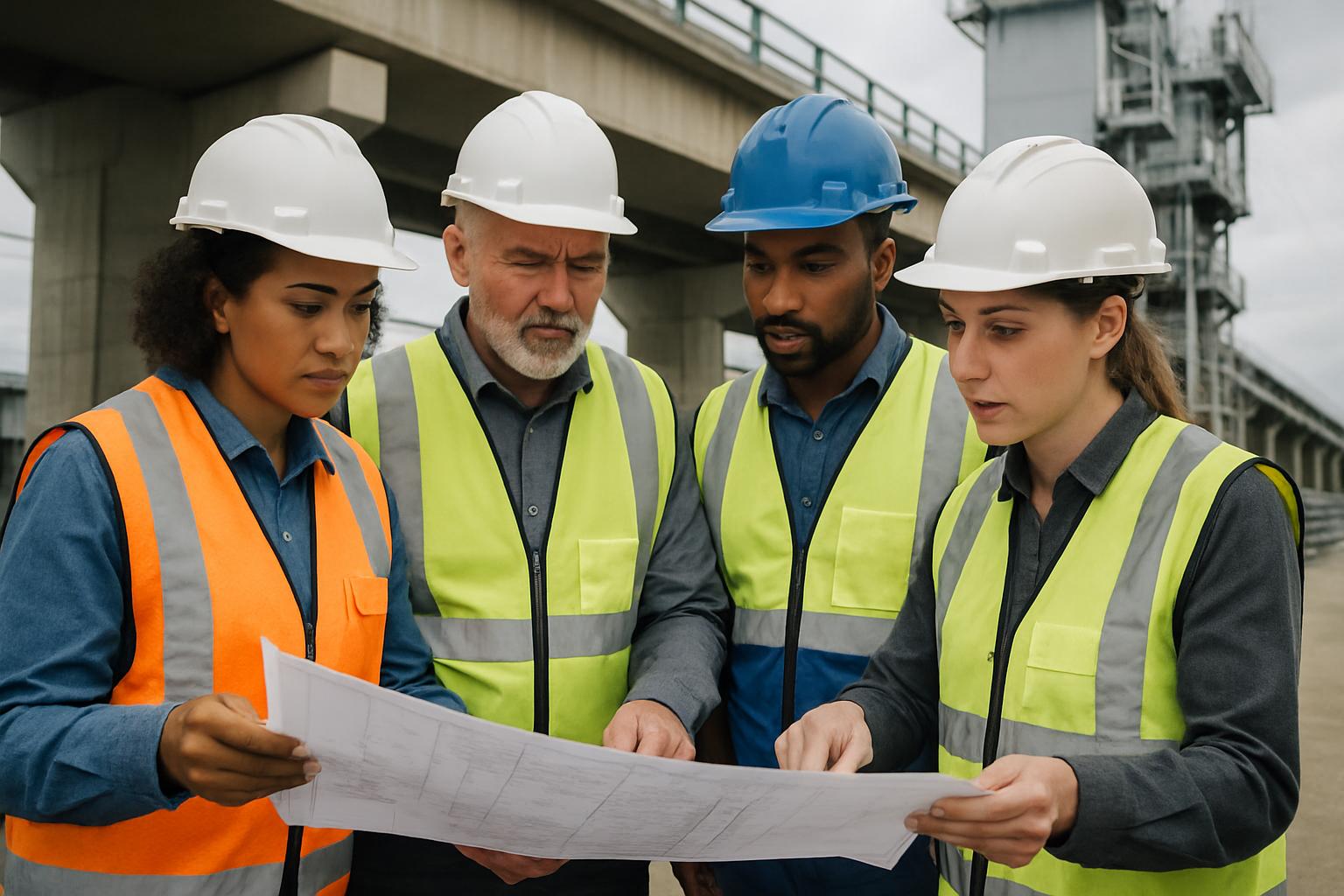 Professionals discussing Infrastructure Capital Intensification on a construction project site.
