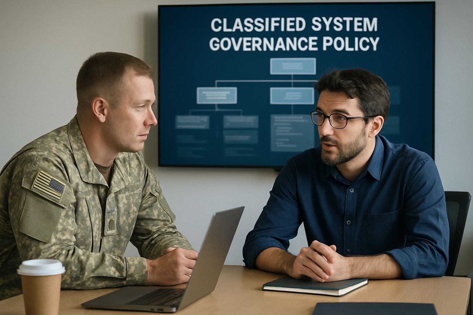 Military and tech experts discuss Classified System Governance in conference room.