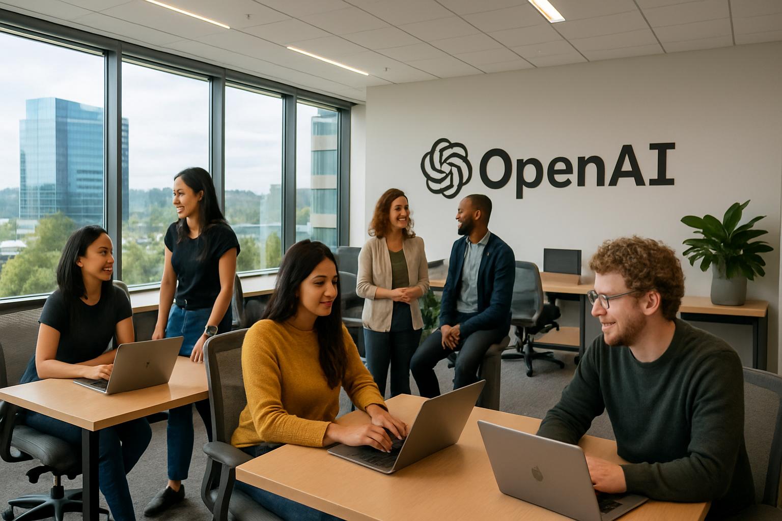 OpenAI Expansion shows staff working in new Bellevue office interior.