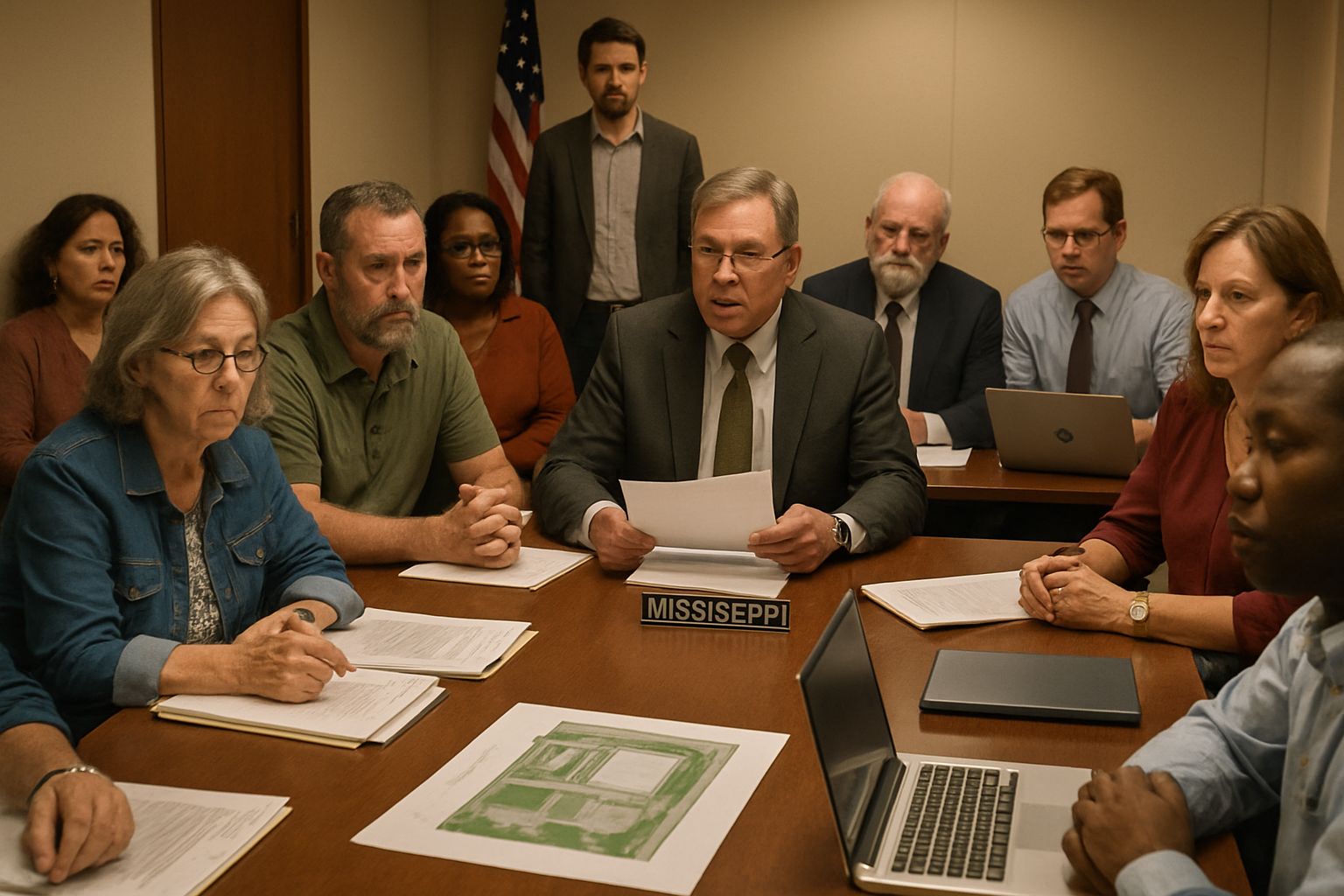 Public hearing on Data Center Permitting in a Mississippi conference room.