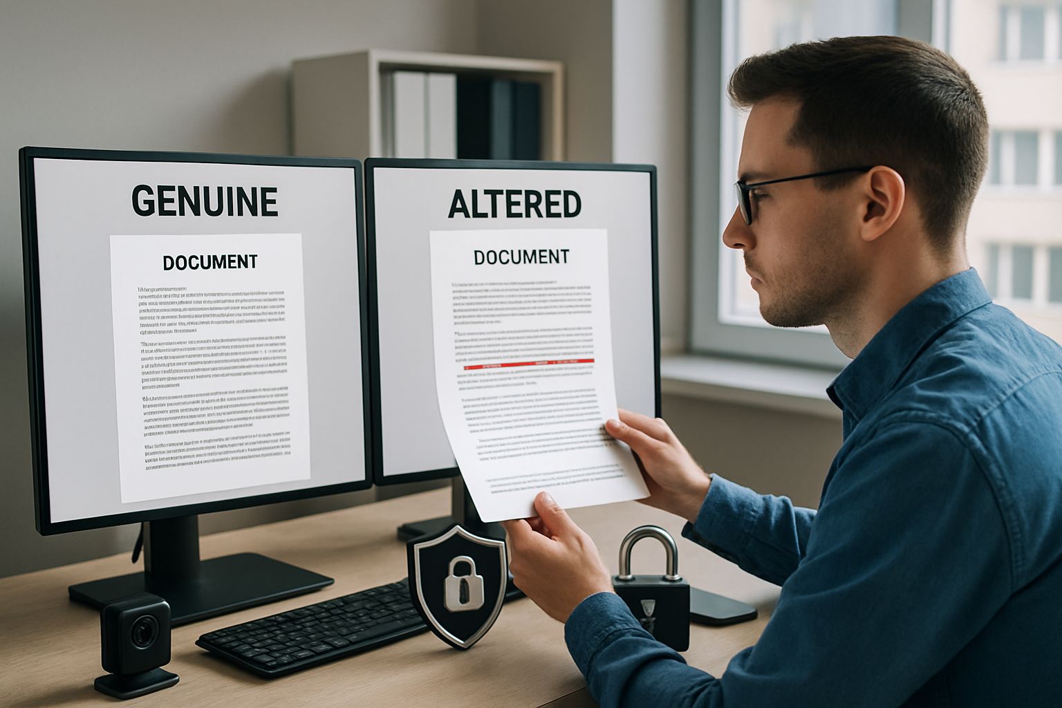 Cybersecurity expert comparing digital documents for Synthetic Forgery evidence.