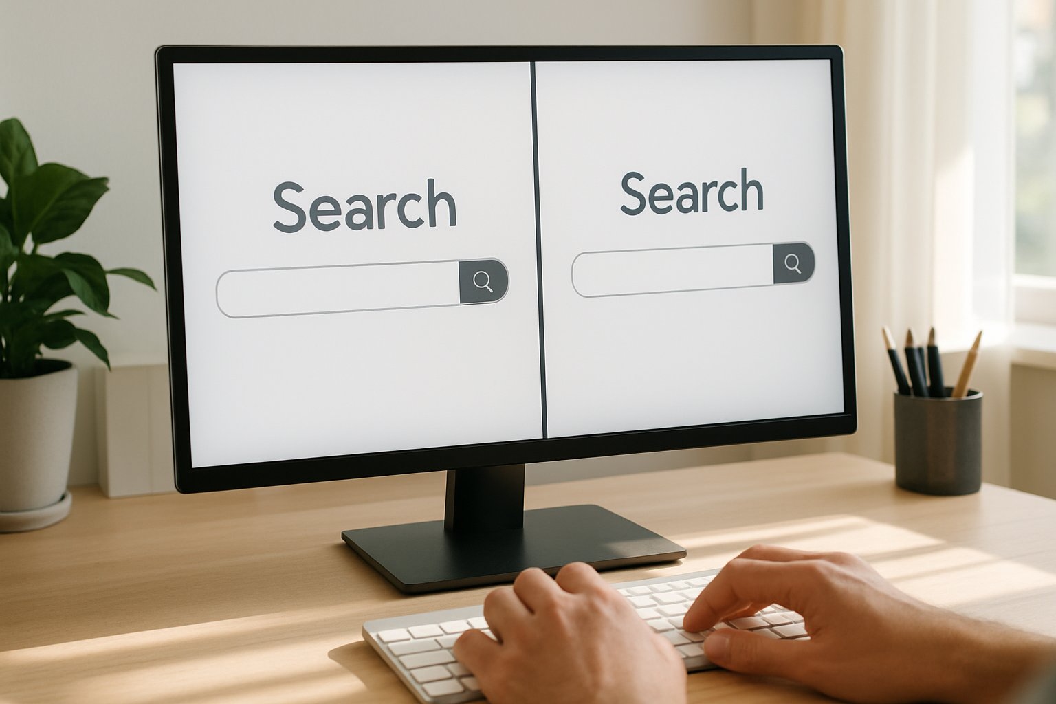 Modern workspace comparing search engines for Google Competition analysis.