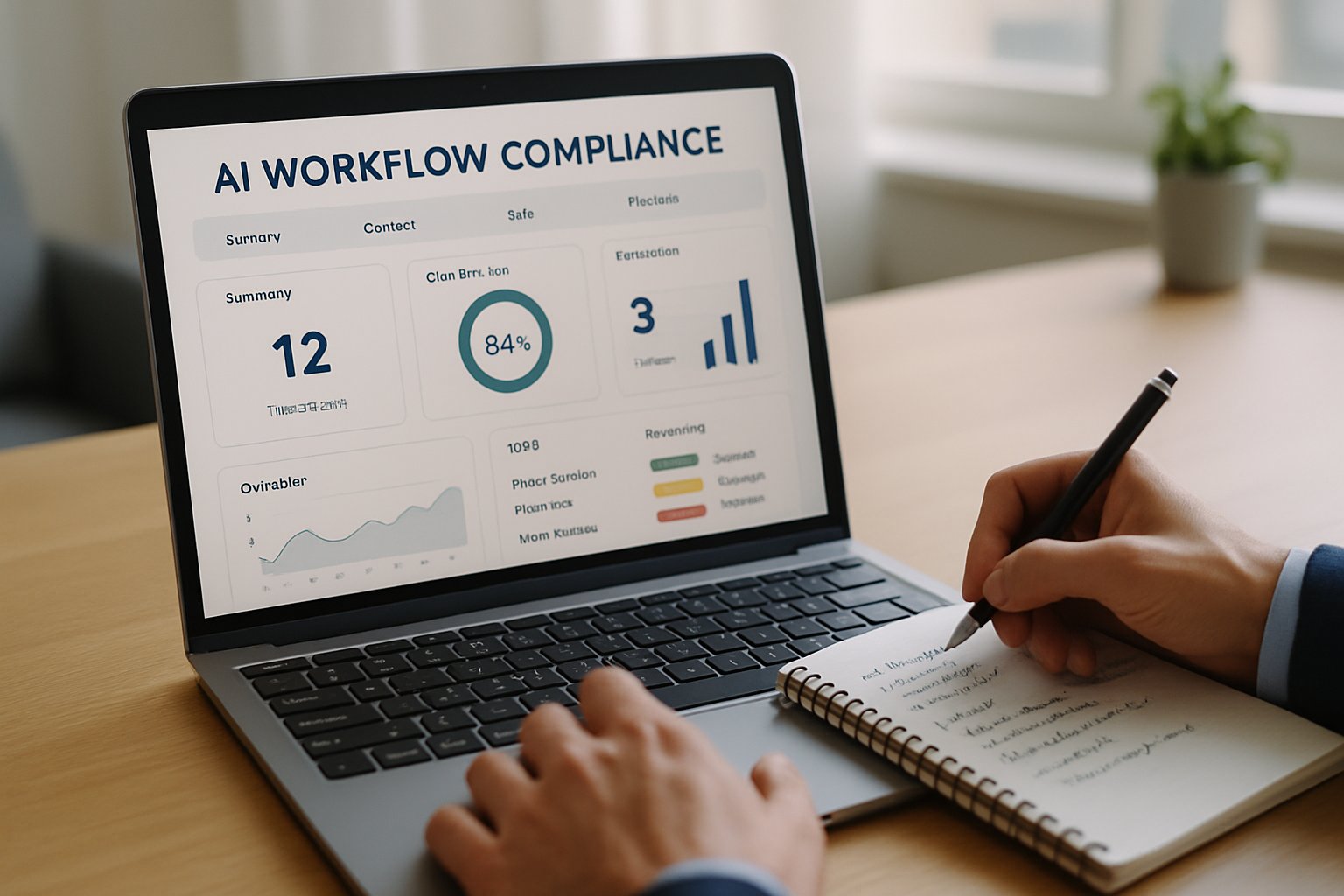 Professional working on AI Workflow Compliance dashboard in modern office.
