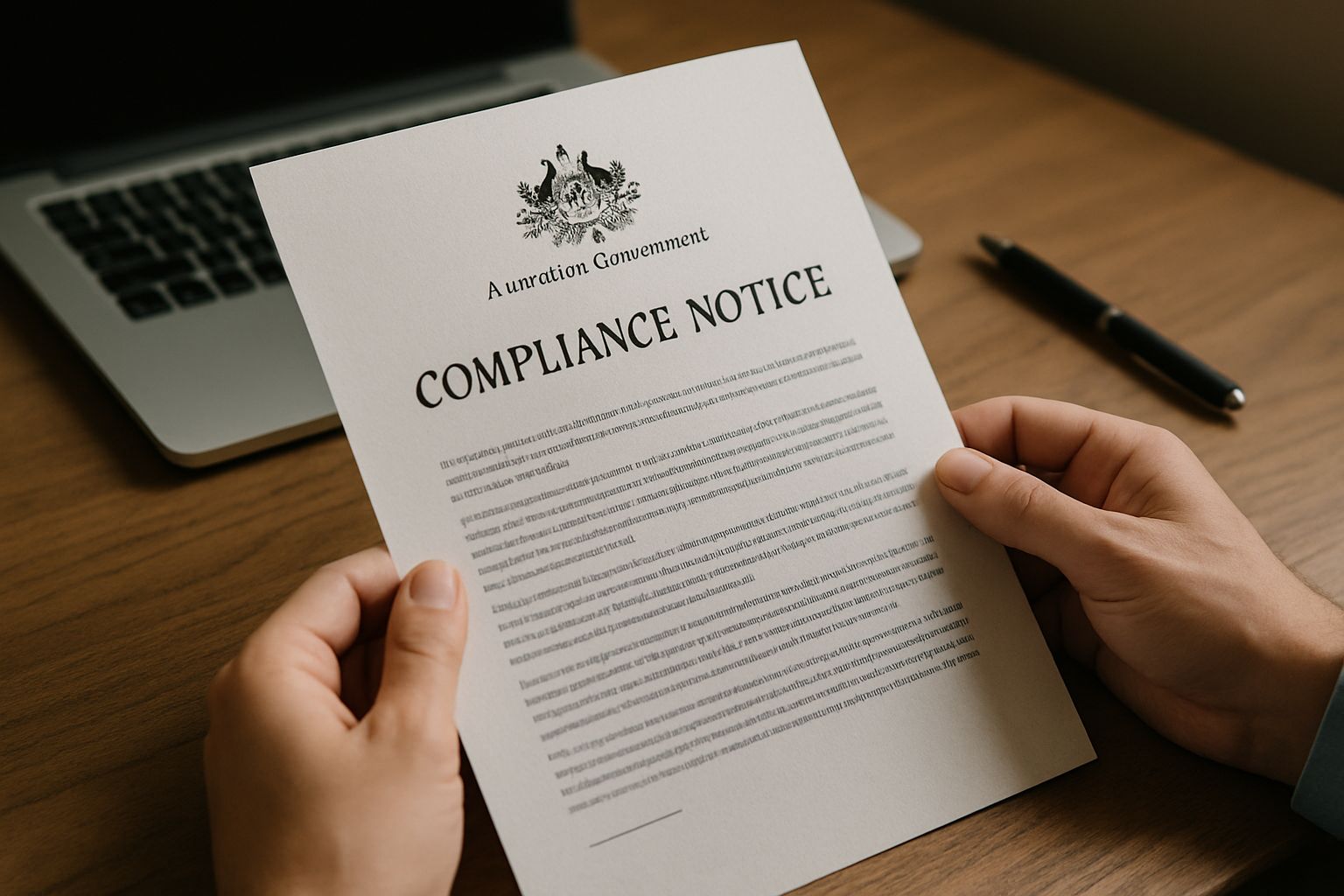 Australia Compliance notice being reviewed by a business executive.