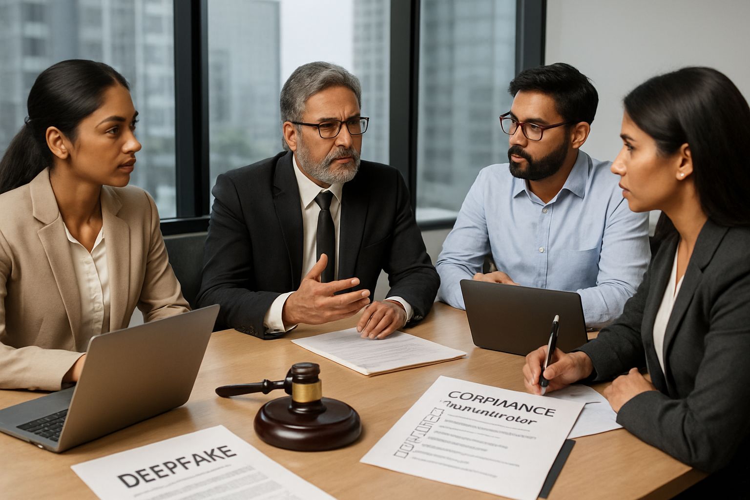 Indian professionals discuss Regulatory Mandate compliance measures in an office setting.