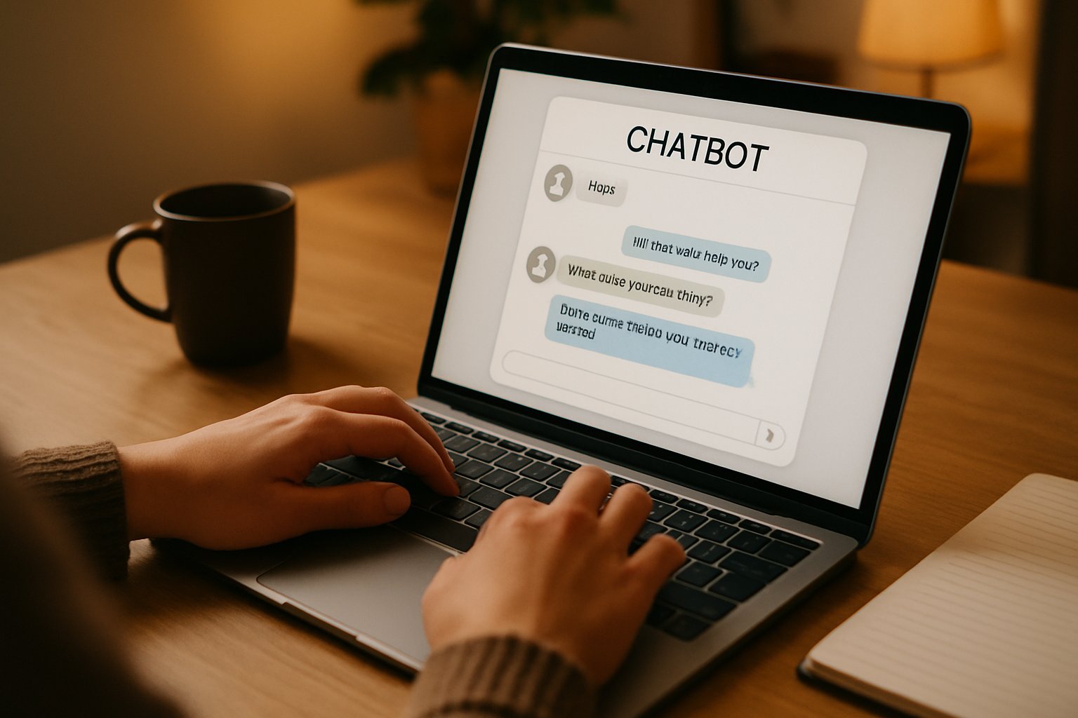 Hands typing on laptop using GPT-5.3 Instant for concise chatbot replies.