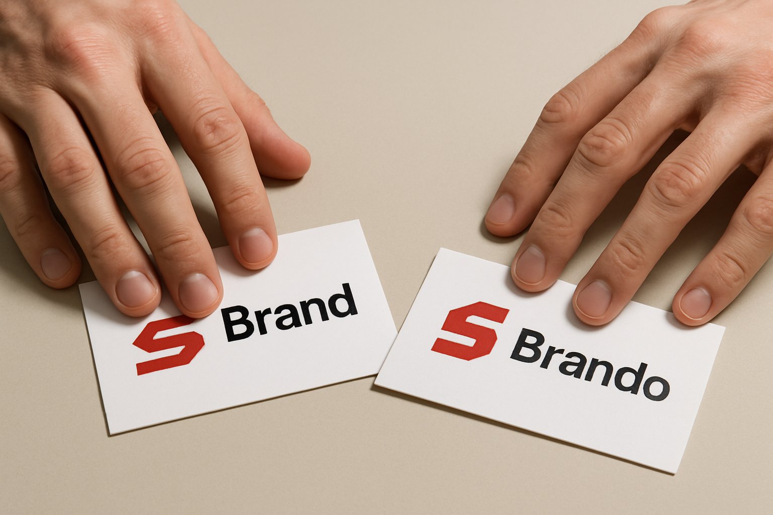 Brand Identity Dispute represented by business cards with similar logos.