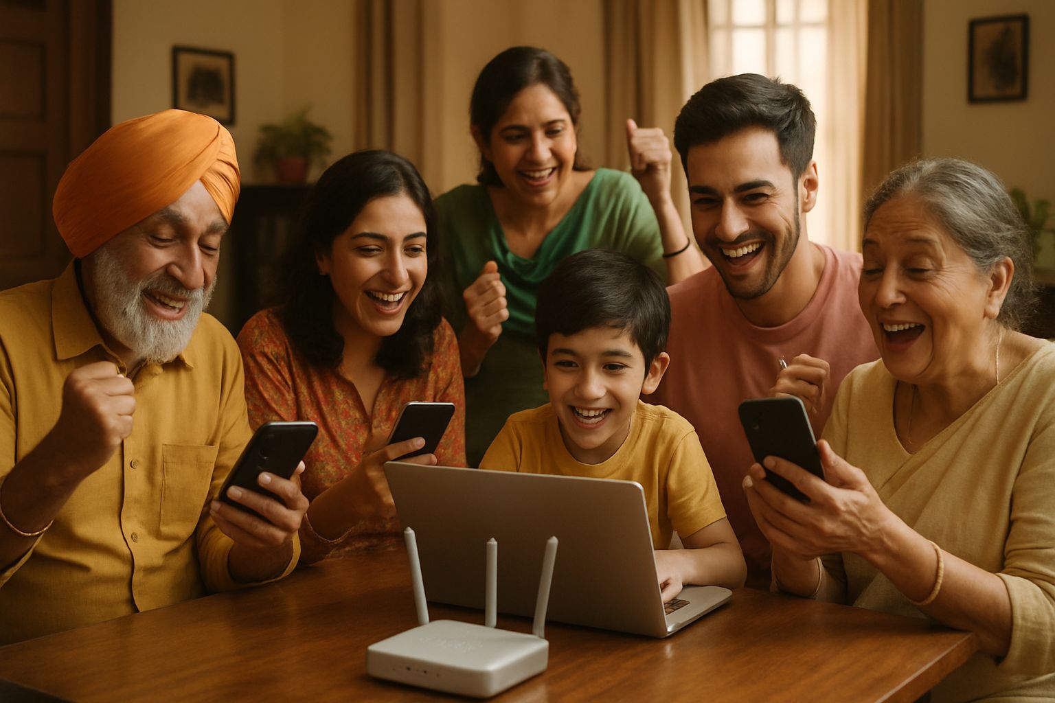 Digital Infrastructure Growth reaching Indian homes as families access technology together.