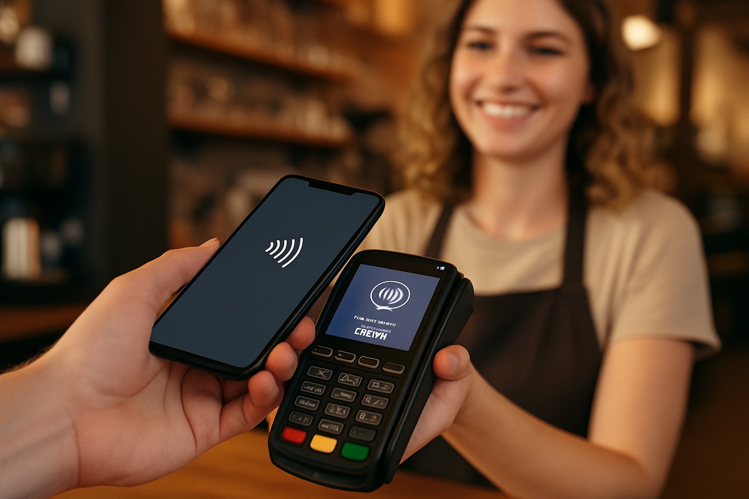 Agentic Commerce technology used for contactless payments at a bustling café counter.