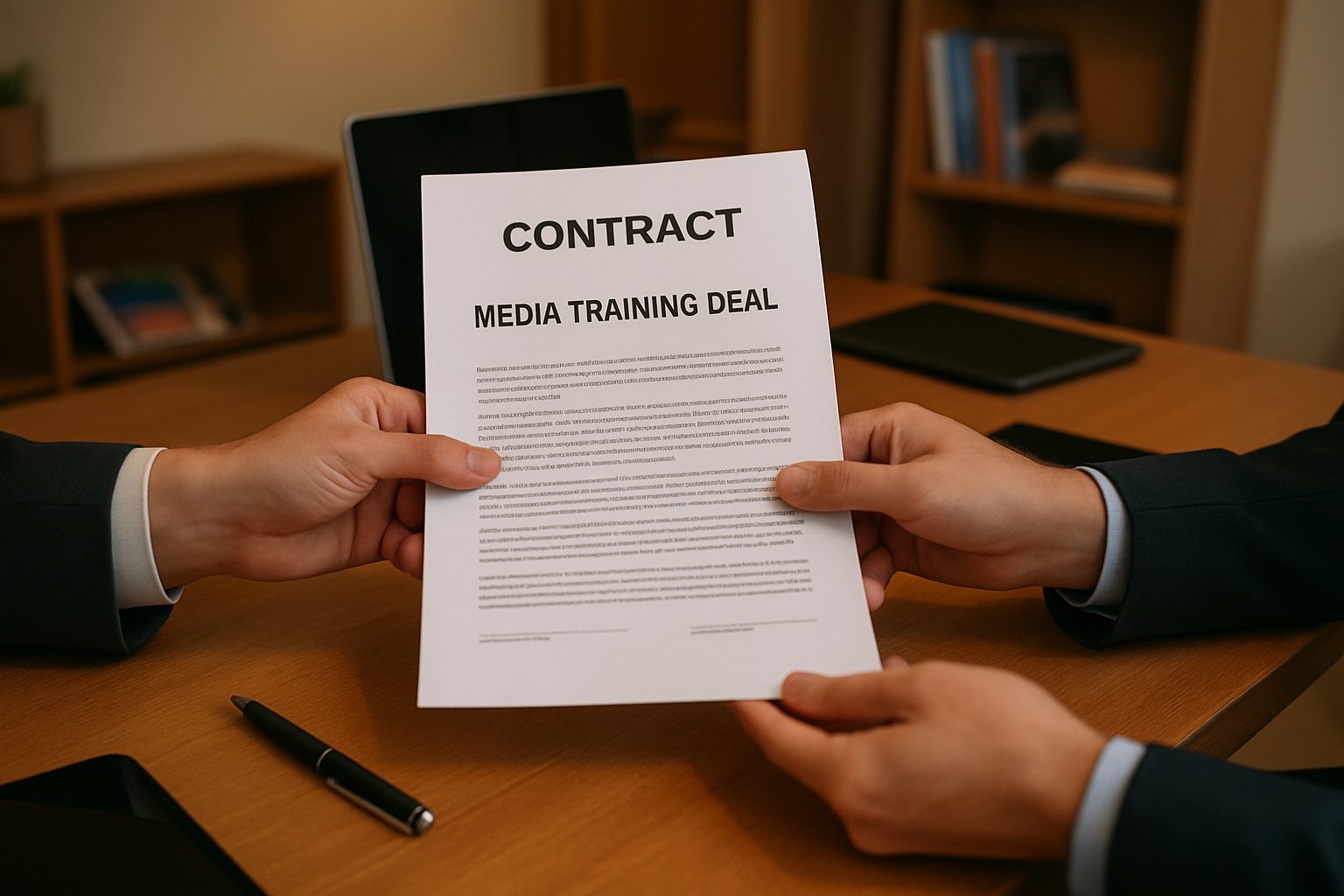 Hands exchanging contract for Media Training Deal in authentic corporate setting.
