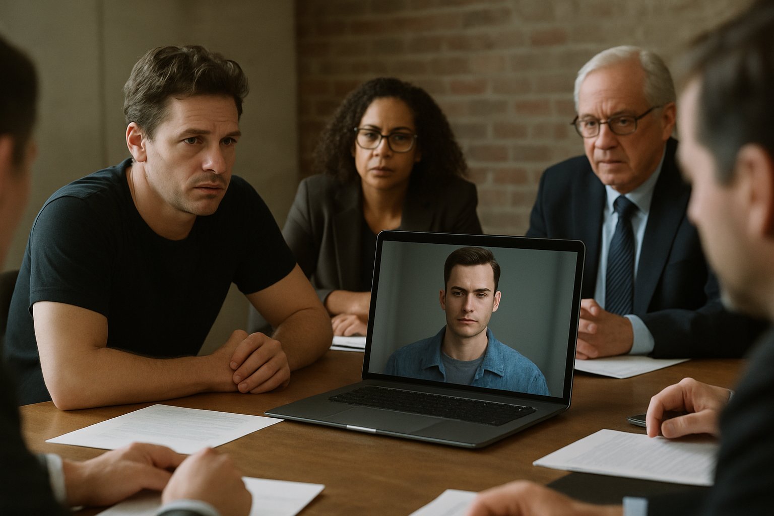 Digital Twins negotiation with actors, union members, and digital renderings in a meeting room.