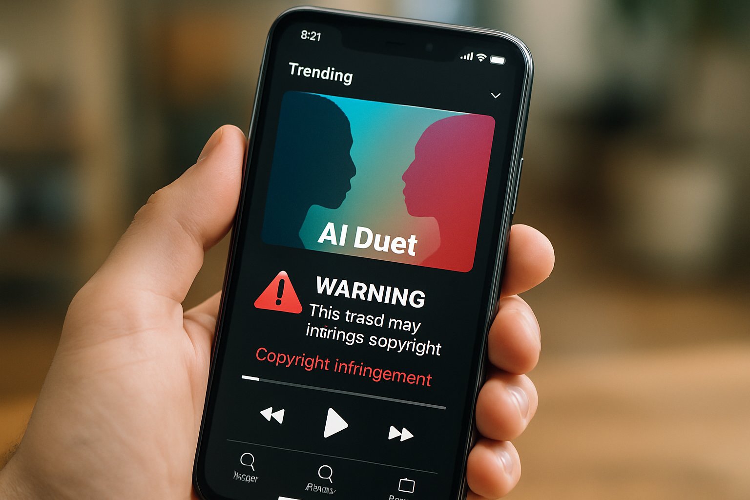 Fake Artist Copyright warning on AI music duet in streaming app.