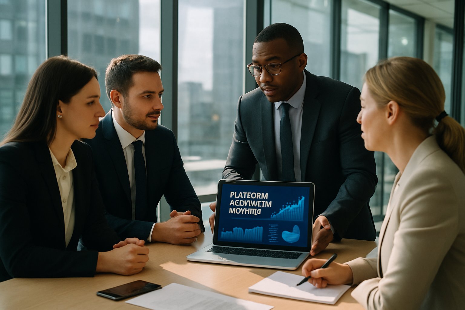 Business professionals discussing Platform Algorithm Control governance