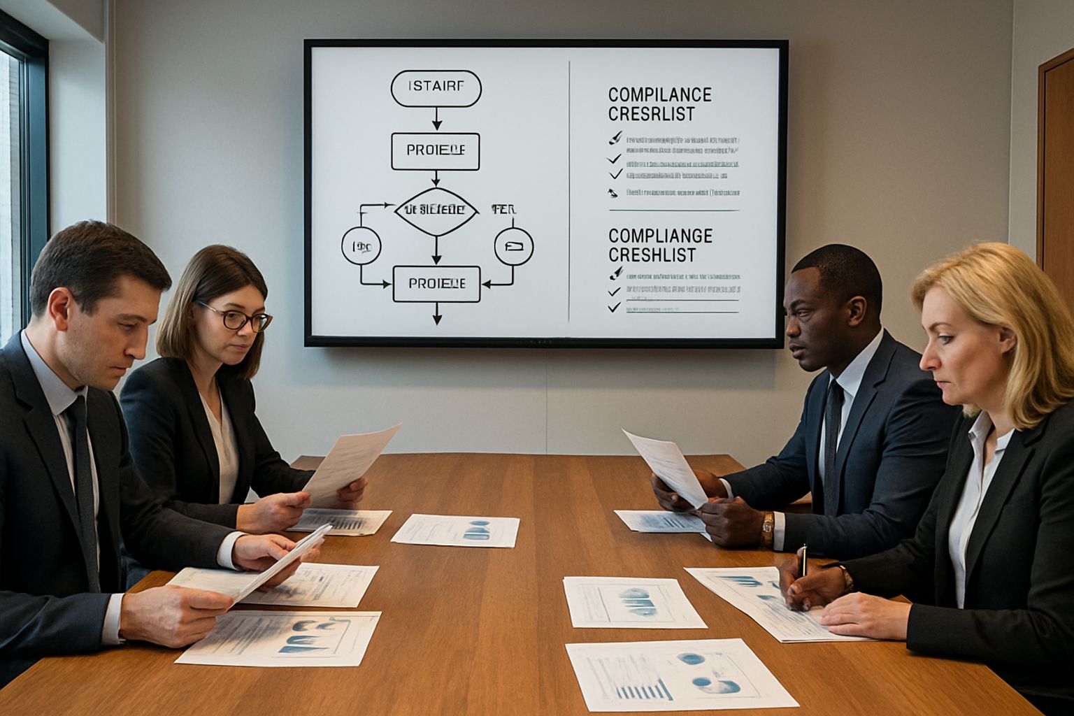 Executives reviewing Algorithmic Liability Jurisprudence compliance in a realistic office setting.