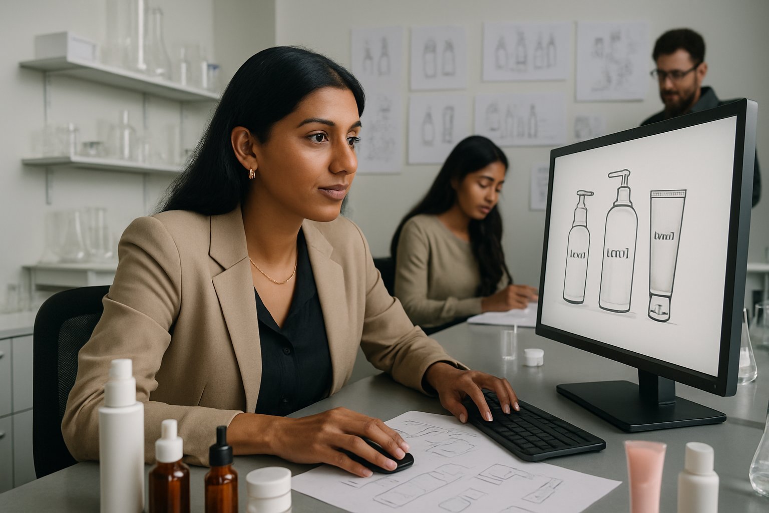 Indian entrepreneur with team ensuring Beauty Brand Originality in a cosmetics lab.