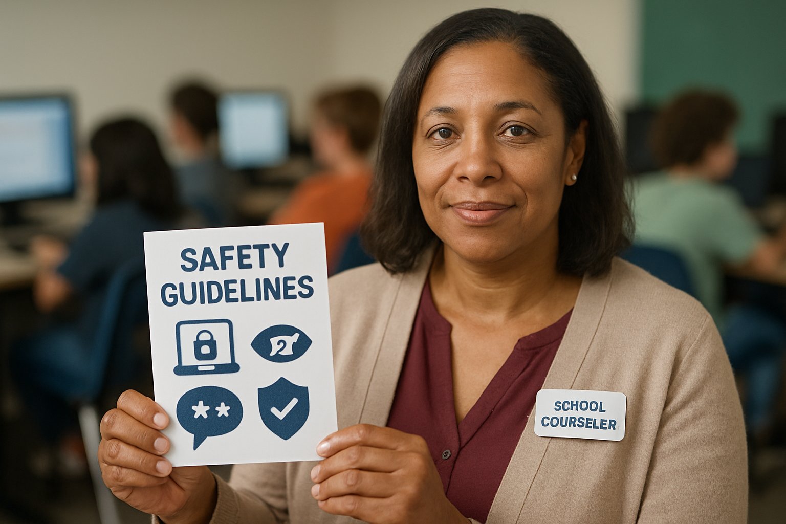 School counselor sharing Character.AI Safety guidelines in classroom setting.