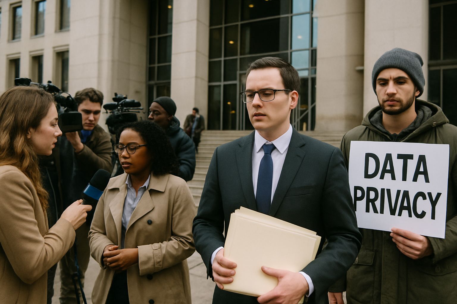 Meta Copyright Privacy Dispute at courthouse with journalists and activists present.