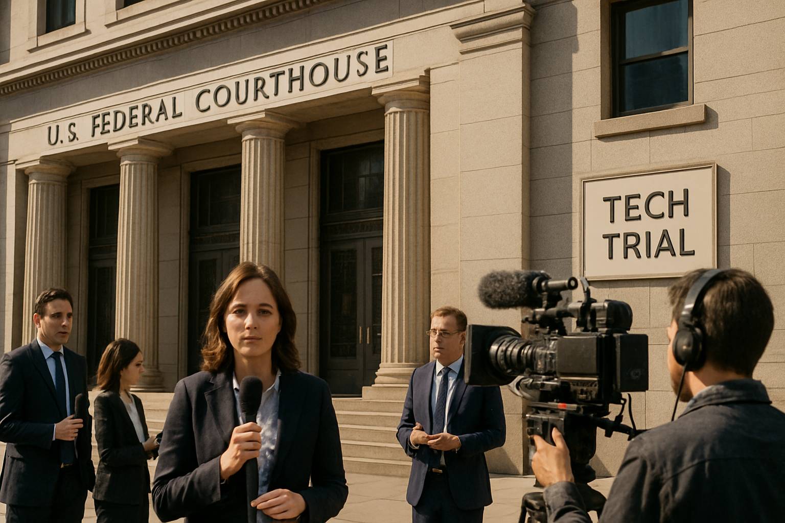 Reporters gather outside federal courthouse during Military AI Dispute case.