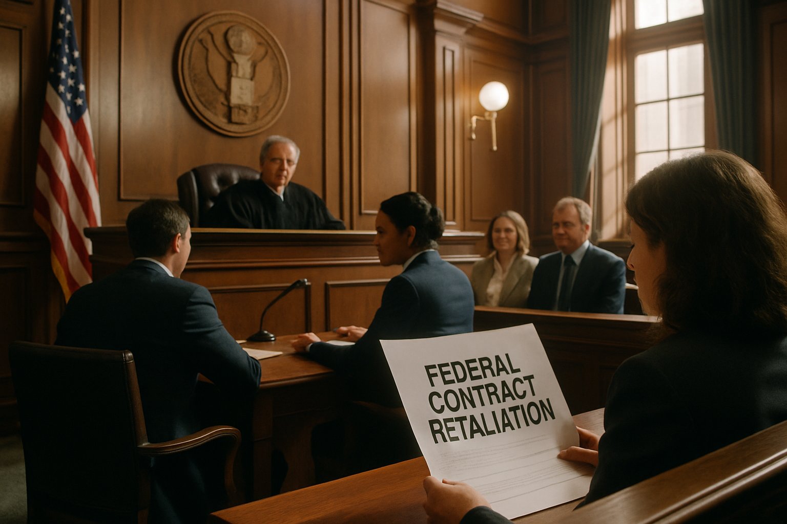 Federal judge reviews Federal Contract Retaliation case documents in court.