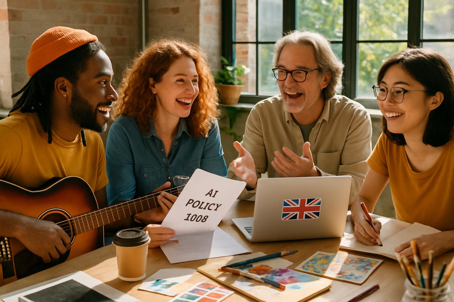 UK AI Arts creators discussing policy and rights around a table for UK AI Arts blog.