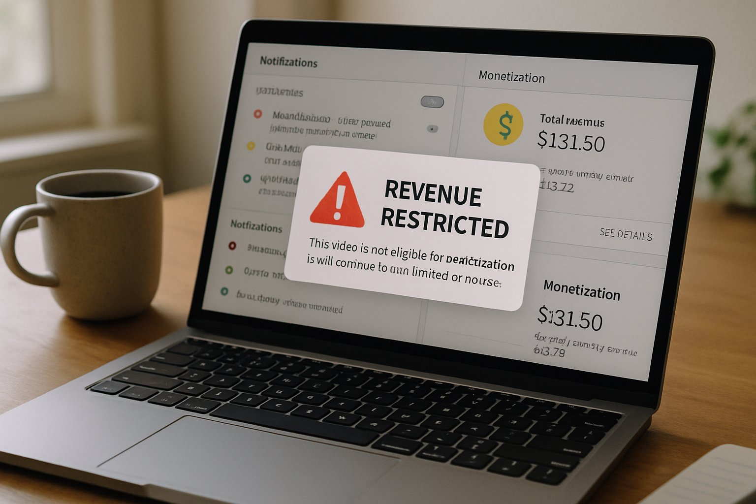 Revenue Ban alert on creator's screen for AI war video policy enforcement