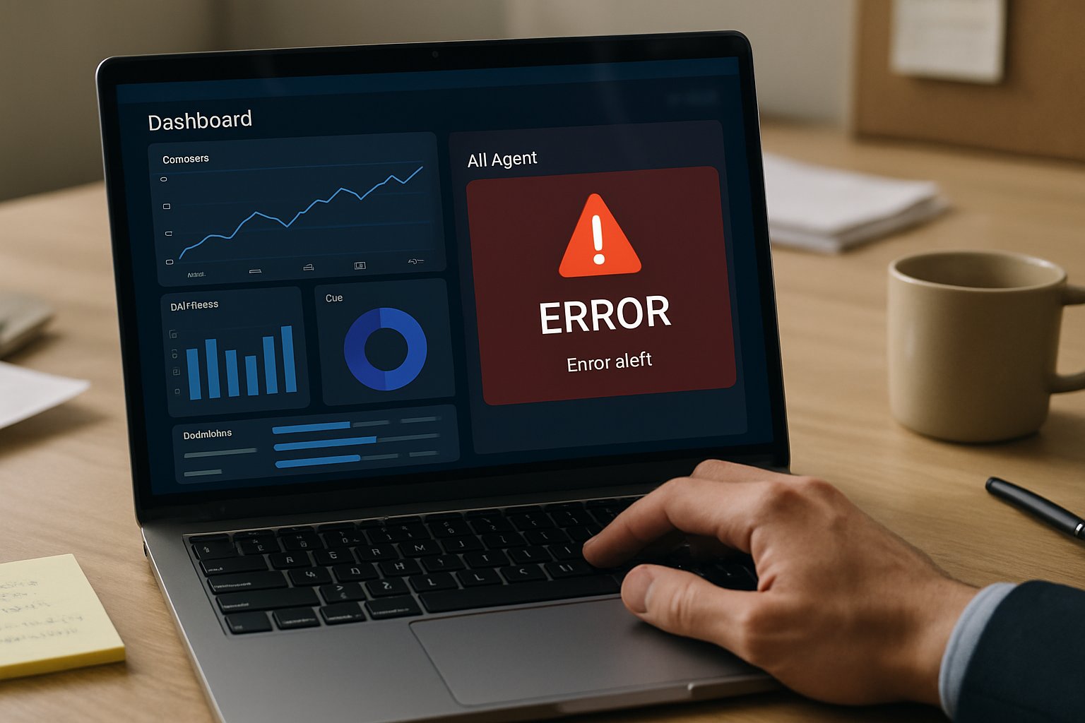 AI Agent Reliability error alert on business dashboard with concerned professional.
