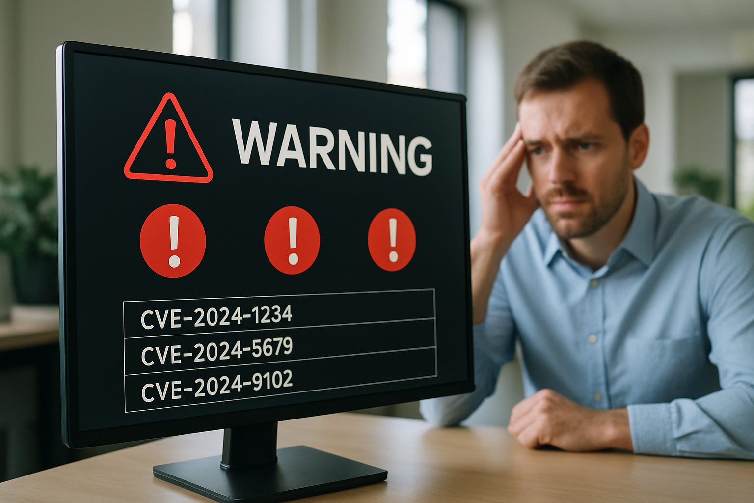 Monitor displays Enterprise Security Failure warning and recent CVEs.