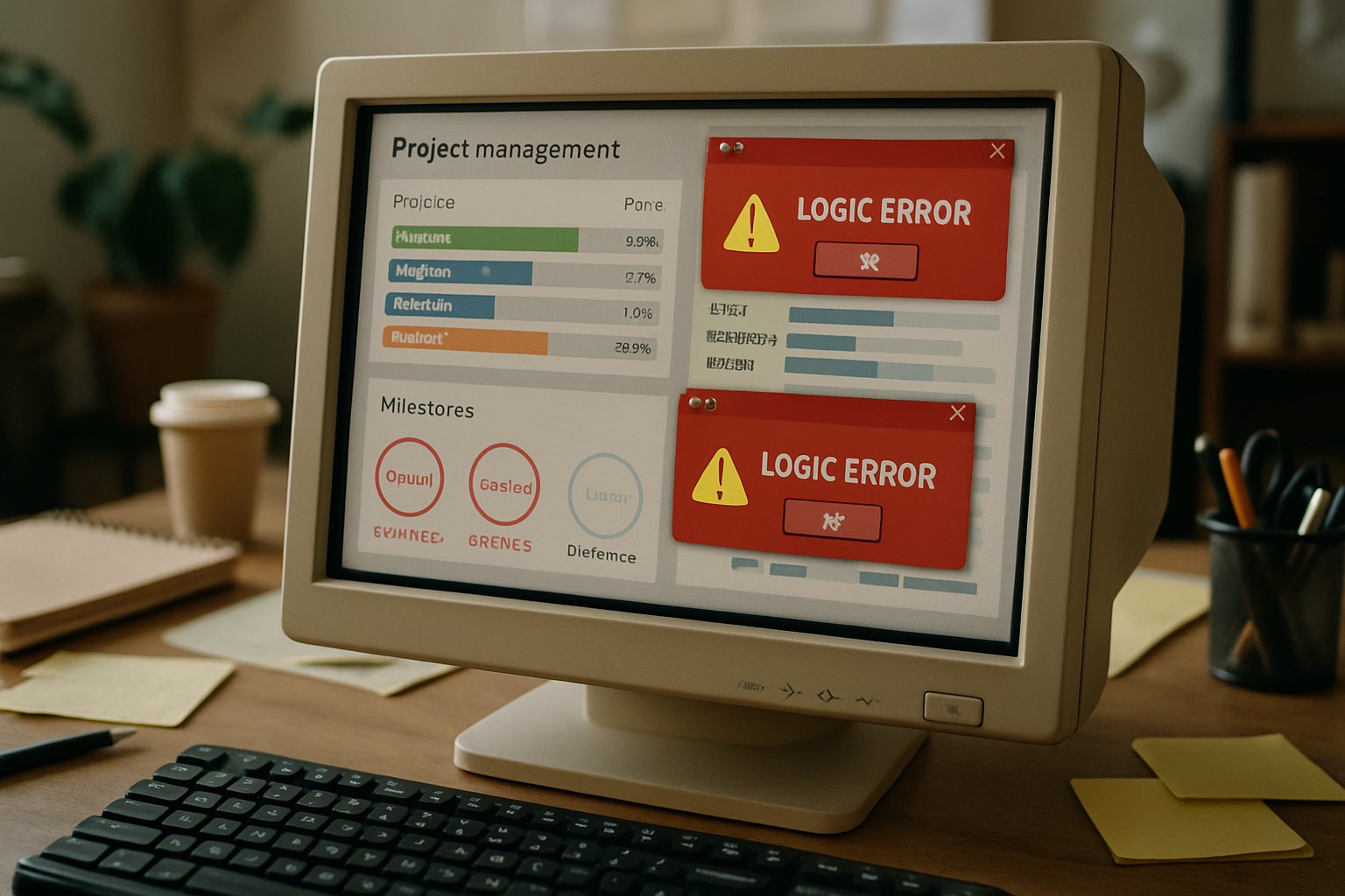 Project management dashboard displaying Management Logic Failure warnings and delayed milestones
