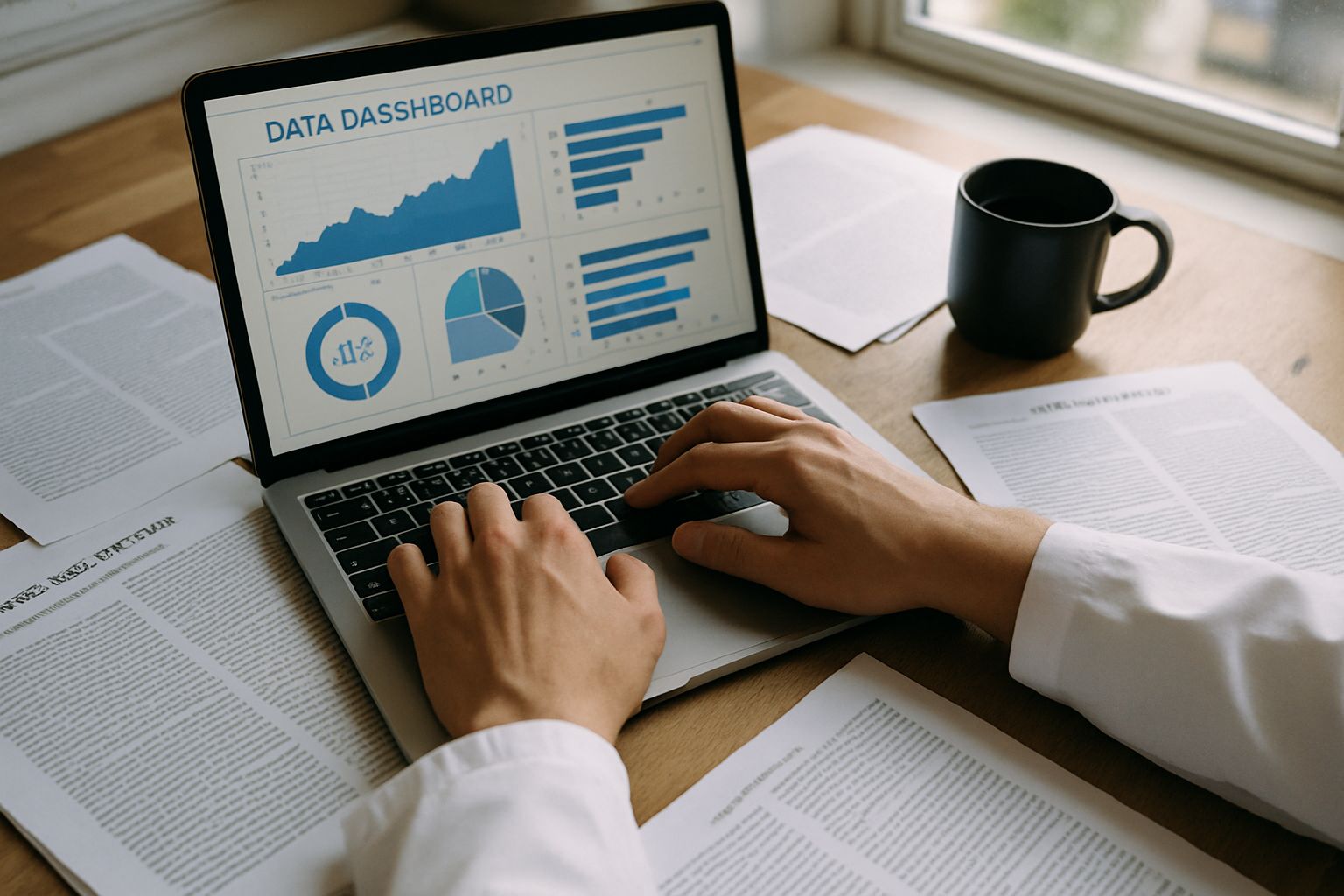 Researcher analyzes data for the Research Transparency Debate using laptop and printed reports.
