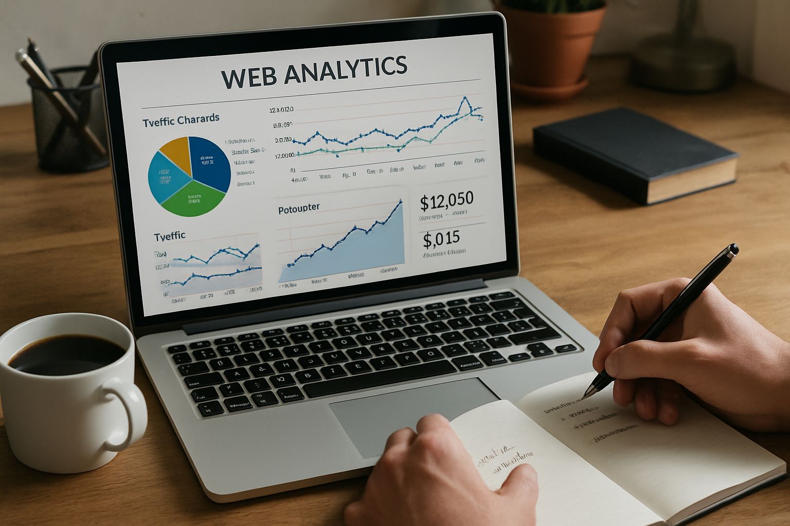 Condé Nast Strategy data analysis with web analytics and revenue charts on a publisher’s desk.