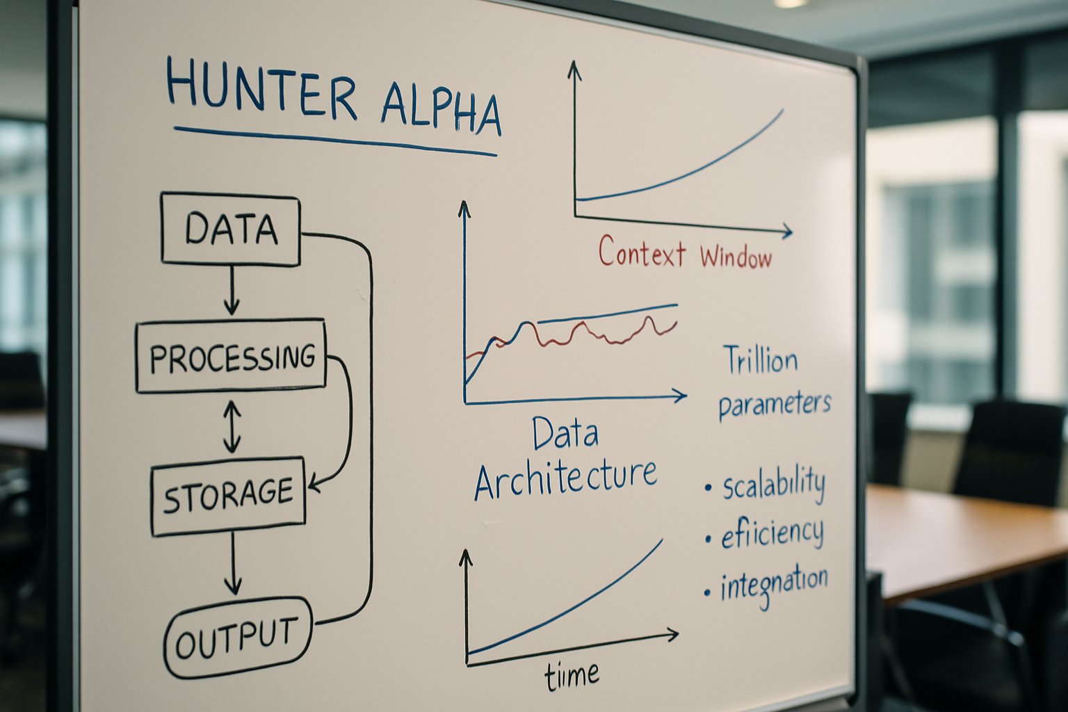 Whiteboard with Hunter Alpha Data Architecture concepts and annotations