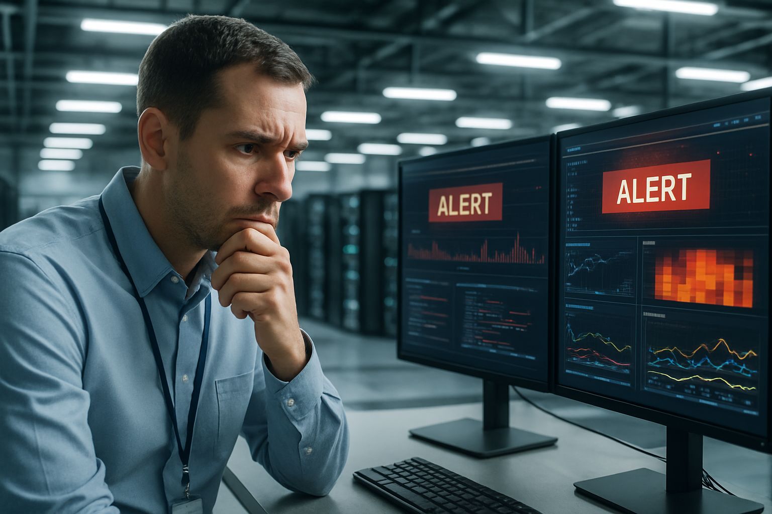IT professional manages data center crisis addressing AI Operational Risk.