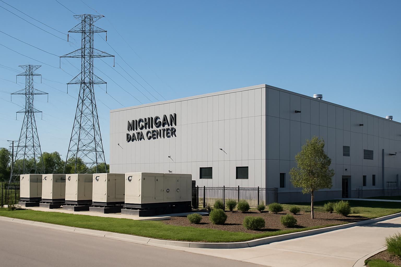 Data center infrastructure facility with transmission lines in Michigan.