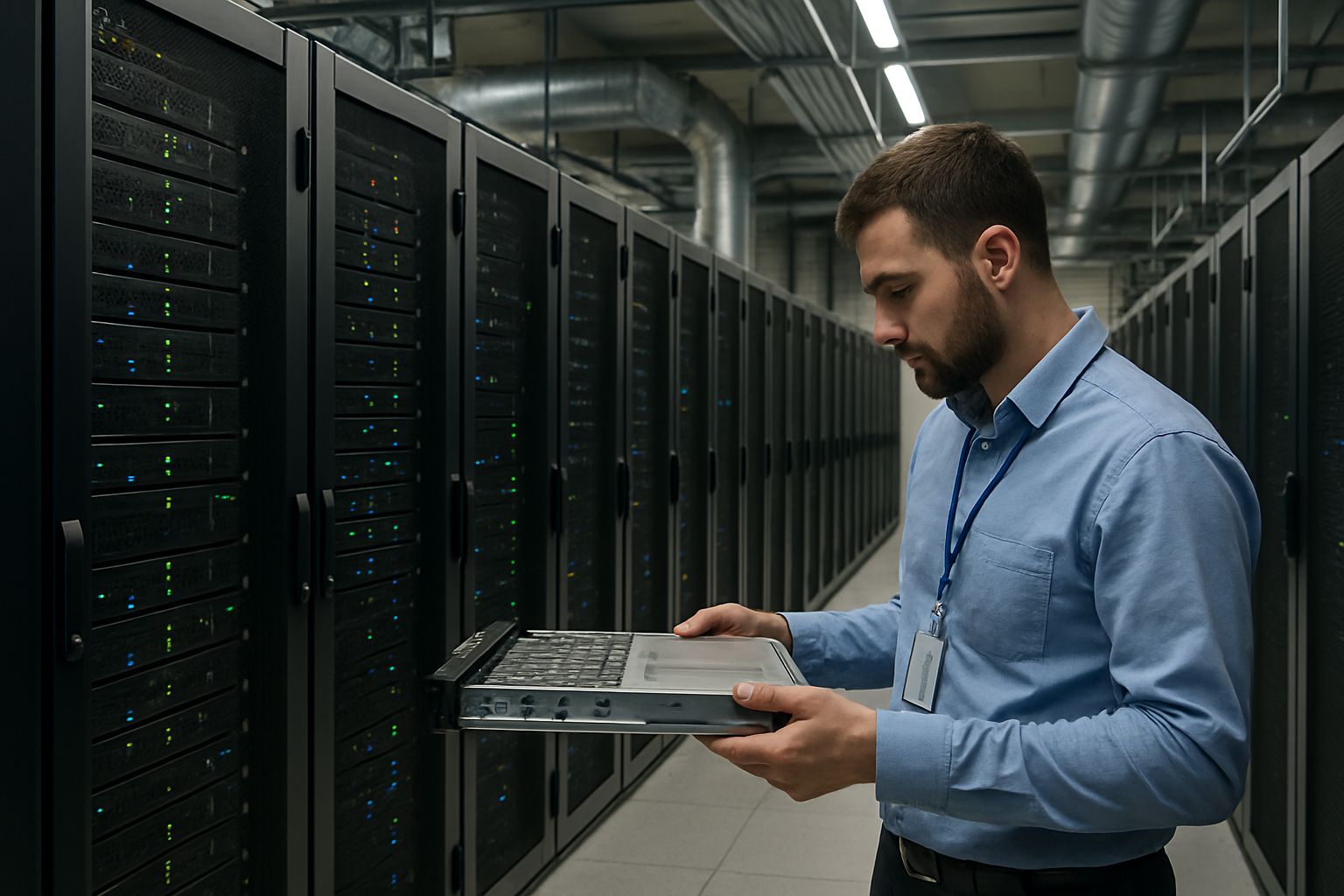 Engineer examining servers supporting vector search architecture in a data center.