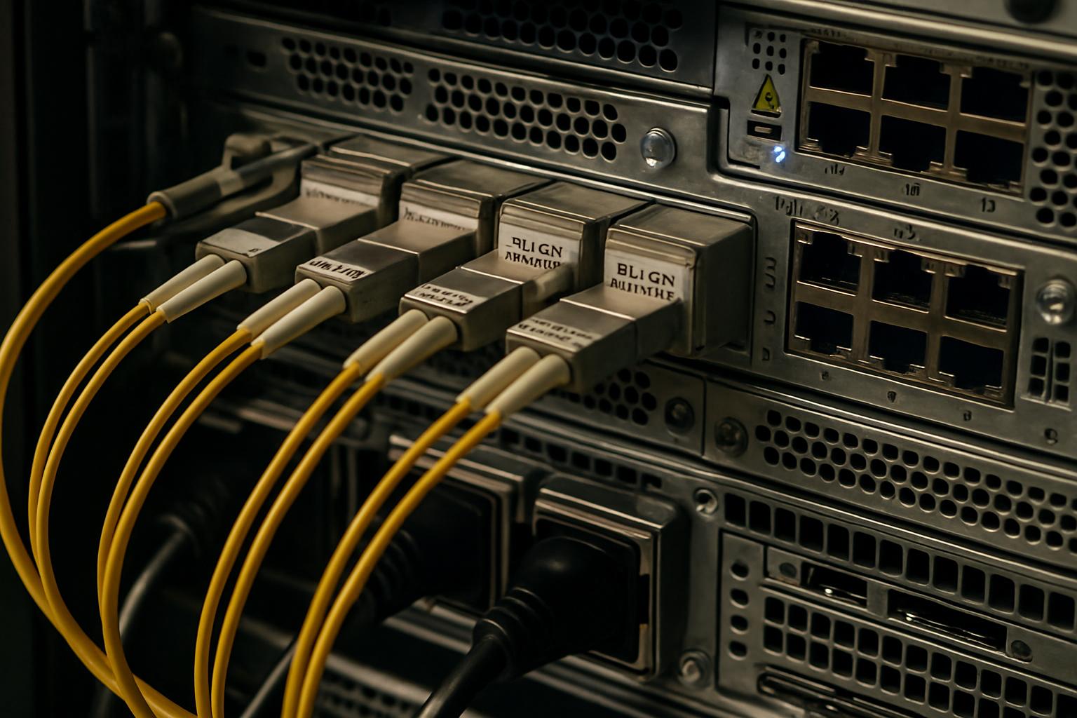 Silicon Photonics hardware inside modern server rack with fiber optic cables.
