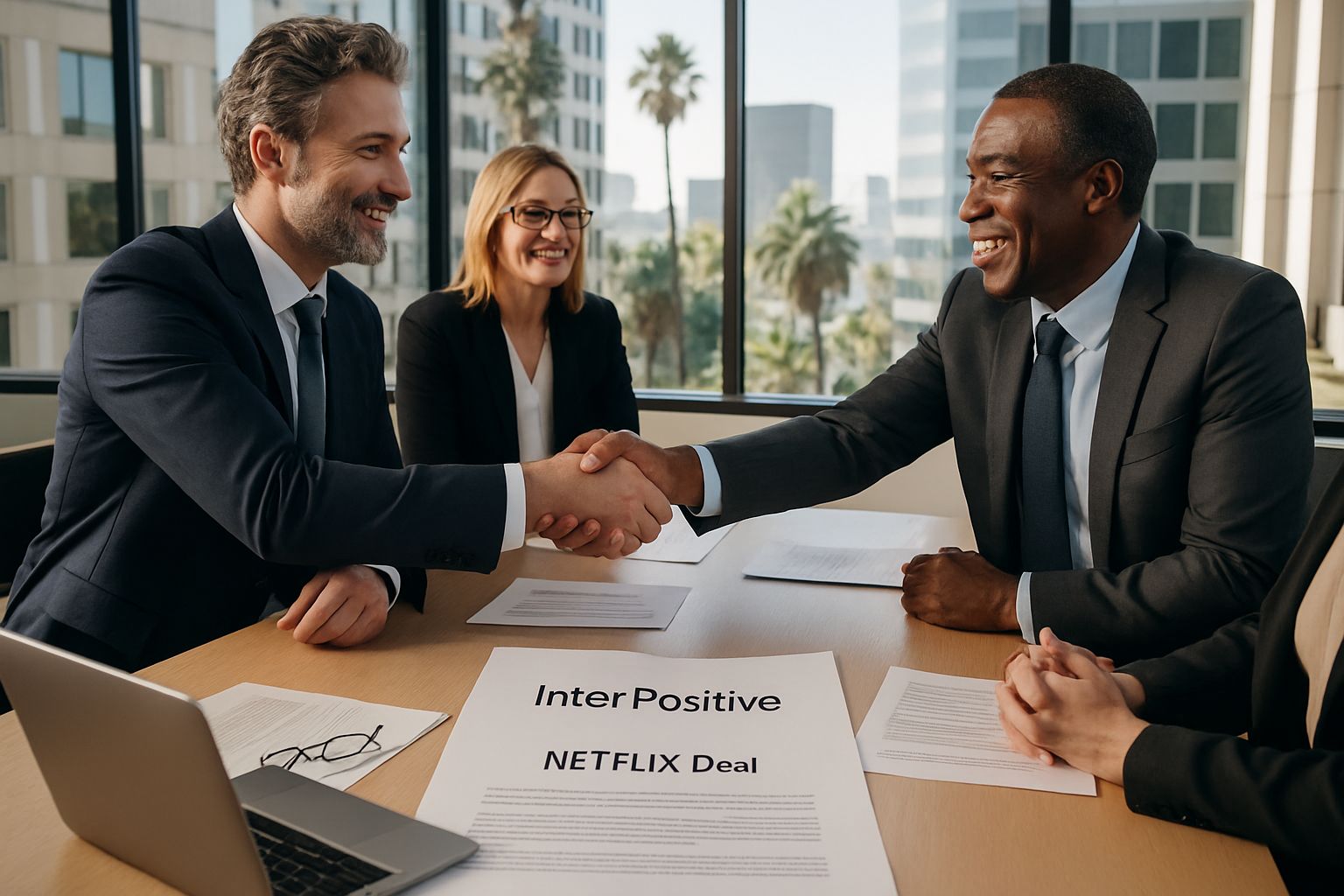 Executives finalizing InterPositive Netflix Deal at a Netflix office