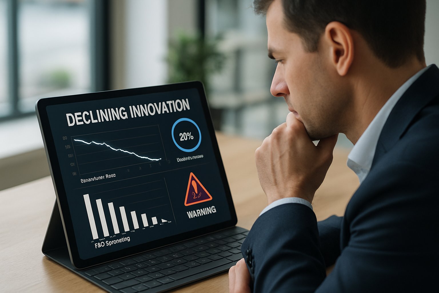 Product Innovation Loss shown through declining metrics on a business laptop screen.
