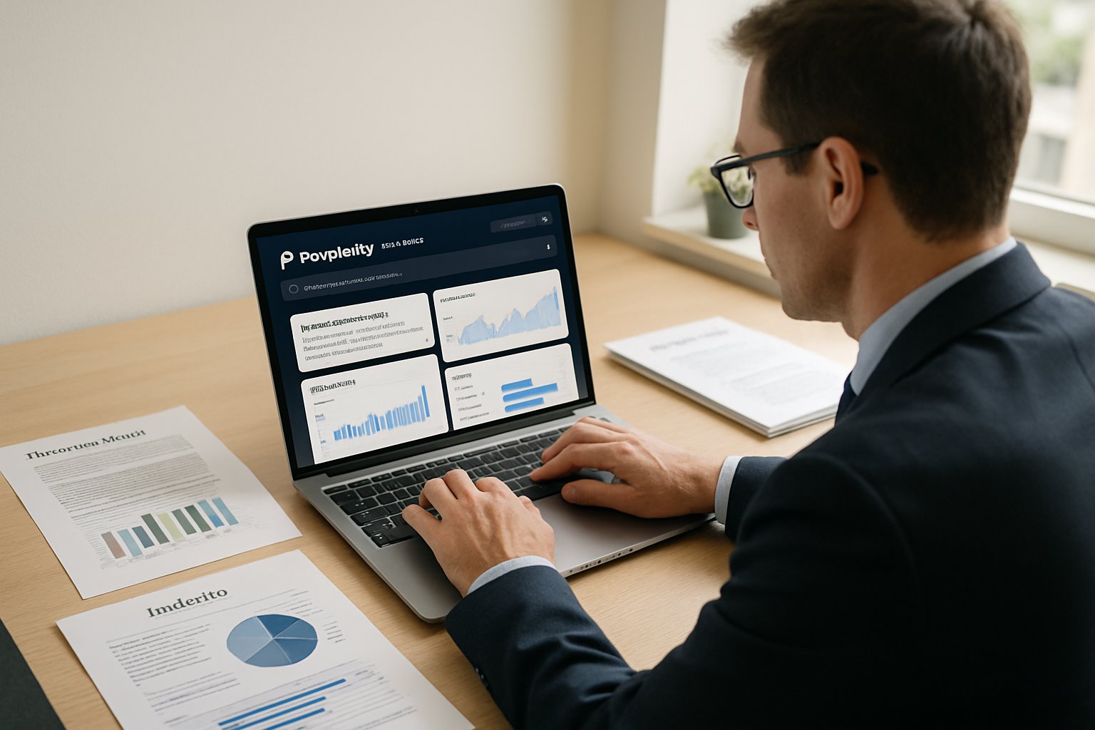 Professional using Perplexity Enterprise for deep research at desk