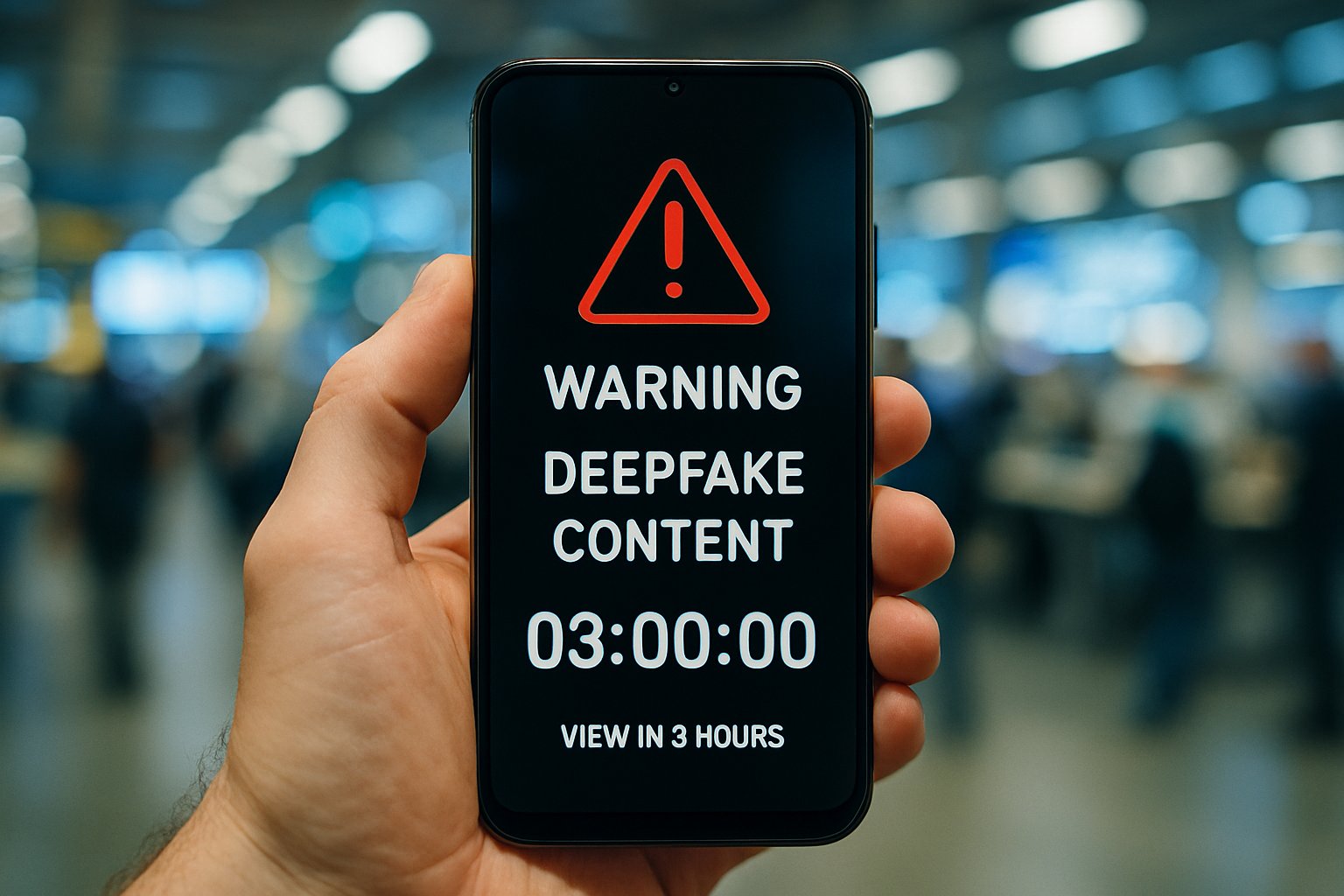 Smartphone displays Deepfake Takedown Rules warning with countdown timer.