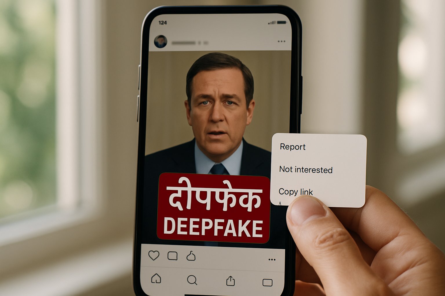 Smartphone screen showing Three-Hour Mandate deepfake labeling in India.
