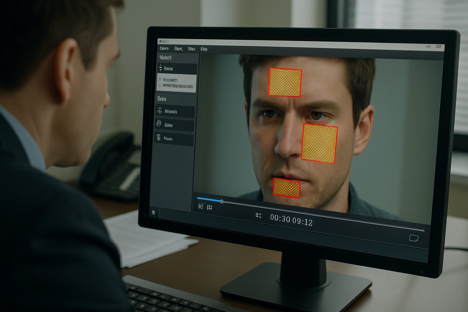 Forensic analyst examining Deepfake Video manipulation on computer monitor.