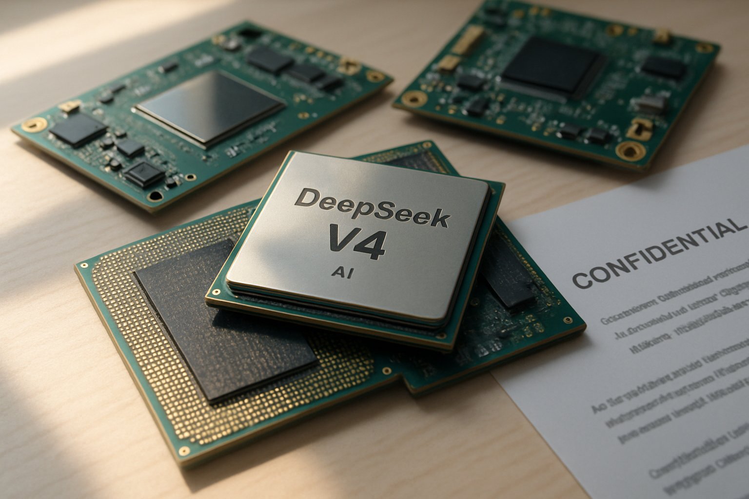 DeepSeek V4 chipsets and circuit boards symbolize AI hardware advancements.