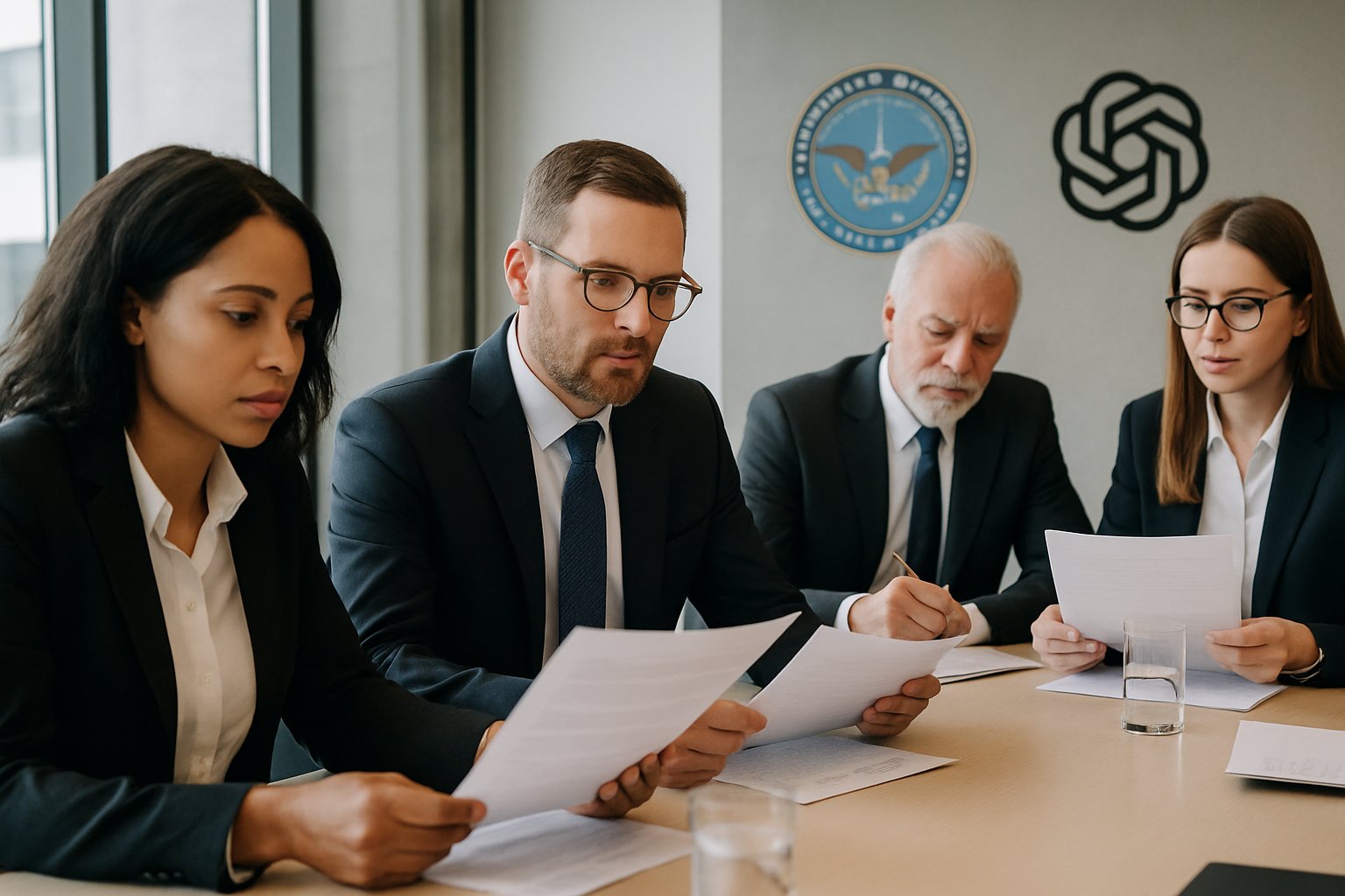 Business professionals discussing Pentagon Deal in conference room