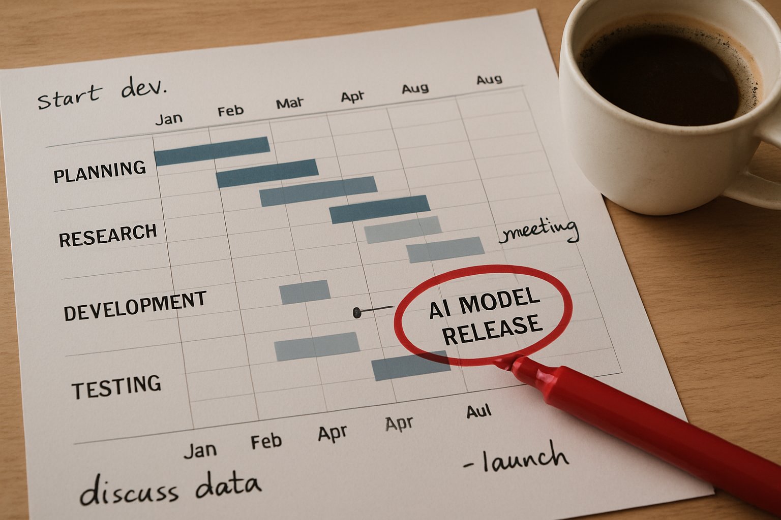 Delayed milestone circled on project timeline highlighting AI Model Delay.