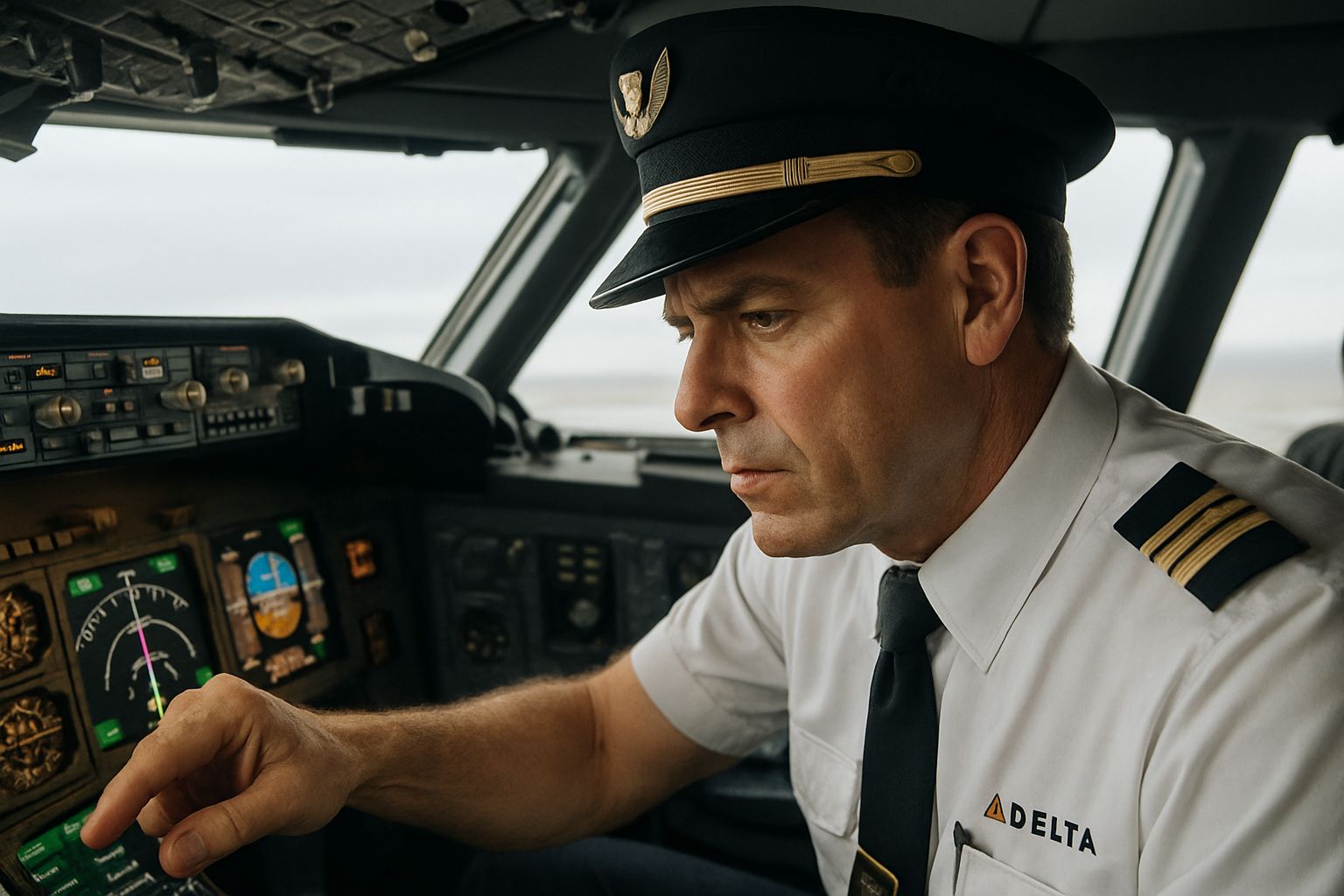 Delta pilot in cockpit highlights focus on Aviation Profit management.