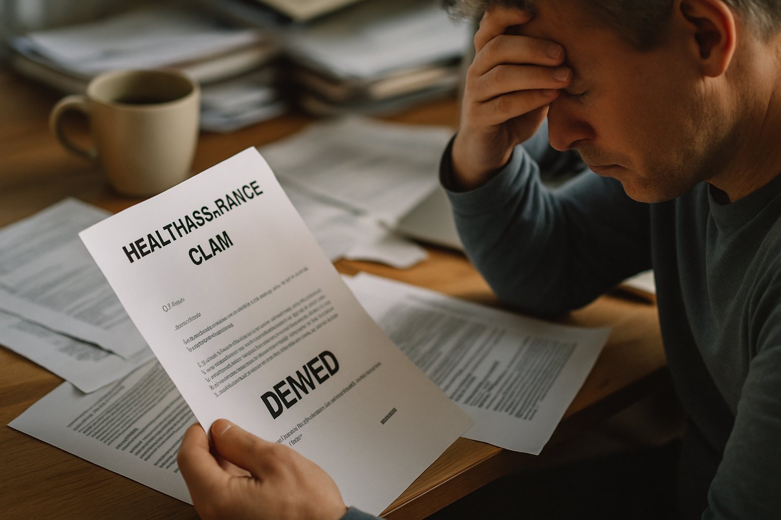 Denied insurance claim letter illustrating automated profit cruelty frustrations.