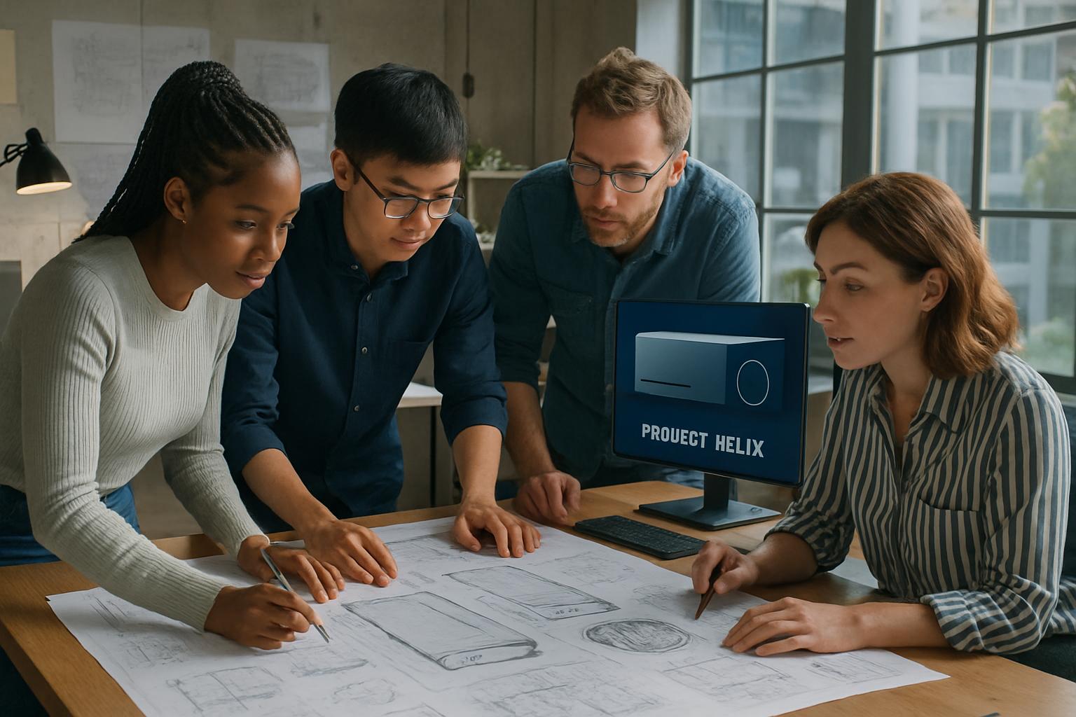 Engineers discuss Xbox Project Helix specs and blueprints in a modern office.
