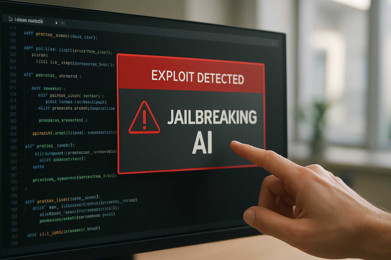 Code showing real-world Jailbreaking AI exploit detection on screen.